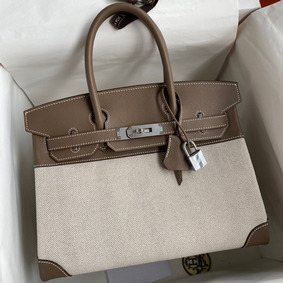 Hermes Birkin 30 Handmade Bag In Toile & Tourterelle Swift Leather Replica HMS14XJ9P8B