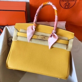 Hermes Birkin 30 Handmade Bag In Yellow Clemence Leather Top Replica HMS3R279MA3