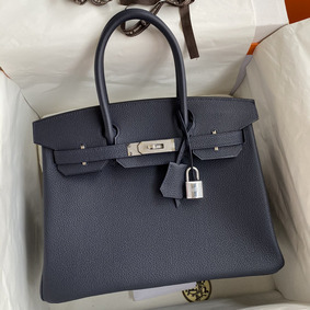 Hermes Birkin 30 Retourne Handmade Bag In Blue Nuit Clemence Leather 1:1 Replica HMSMCOAL403