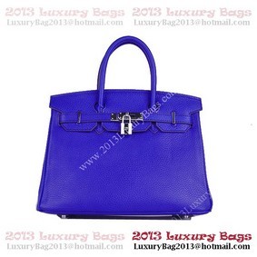 Imitation Hermes Birkin 30CM Tote Bag Blue Clemence Leather H6088 Silver HMS4L68582Y