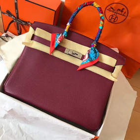 Top Replica Hermes Birkin 35 Handmade Bag In Bordeaux Clemence Leather HMS46Q0KRTL