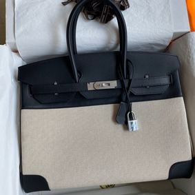 Knockoff Hermes Birkin 35 Handmade Bag In Toile & Black Swift Leather HMSKS87AOHC