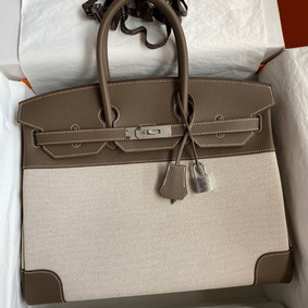 Knockoff Hermes Birkin 35 Handmade Bag In Toile & Taupe Clemence Leather HMS10EXAQ53