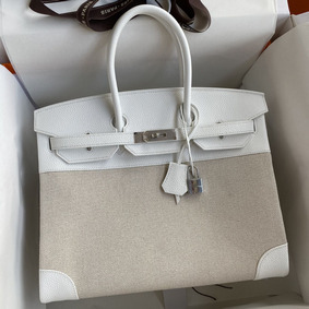 Best Quality Hermes Birkin 35 Handmade Bag In Toile & White Clemence Leather HMS5Z1CNQKI