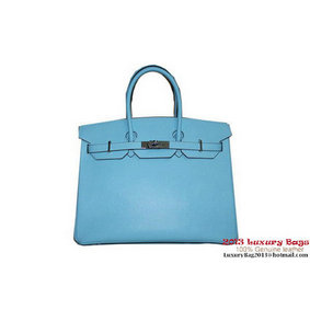 AAA Hermes Birkin 35CM Tote Bag Light Blue Palm Pattern Leather H6089 Silver HMS6FLJ0685