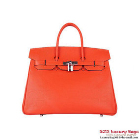 First-class Quality Hermes Birkin 35CM Tote Bag Orange Clemence Leather H6089 Silver HMSDLSUXY0N