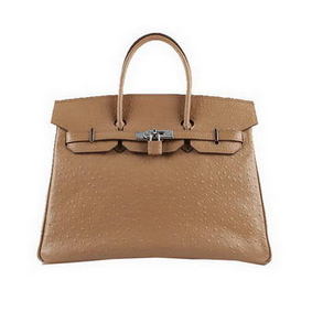 Imitation Hermes Birkin 35CM Tote Bags Apricot Ostrich Leather H6089 Silver HMSY7J2IAK2