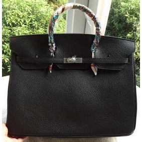 Knockoff Hermes Birkin 40CM Bag Black Litchi Leather BK40 Silver HMS83RY570J