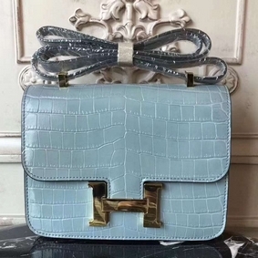 Hermes Blue Lin Constance MM 24cm Crocodile Bag HMSLQ5NW5C3