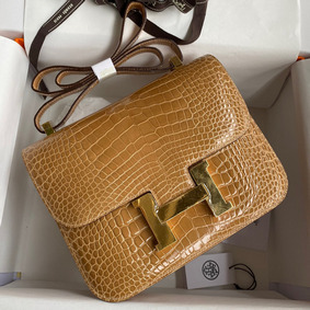 Replica Hermes Constance 24 Handmade Bag In Beige Shiny Alligator Leather HMSMC934833