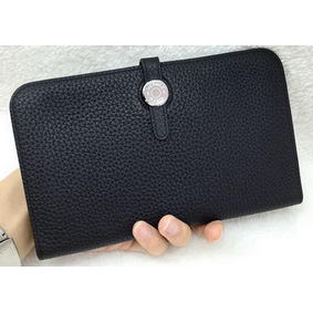 Hermes Dogon Combined Wallet Litchi Leather A508 Black 1:1 Replica HMSOJRV0F94