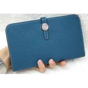 Hermes Dogon Combined Wallet Litchi Leather A508 Blue Replica HMSSI793BP3