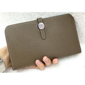 Hermes Dogon Combined Wallet Litchi Leather A508 Khaki Top Replica HMS85FT5K3T