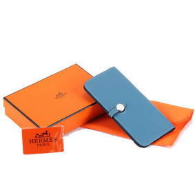 Hermes Dogon Togo Leather Wallet Travel Case A808 Blue Replica HMSWJB8V6FH