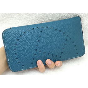 Hermes Evelyn Long Zip Wallet Litchi A808 Blue Top Replica HMSB1ZCRSWM