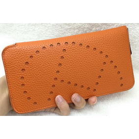 Fake Hermes Evelyn Long Zip Wallet Litchi A808 Orange HMS9J05TI95