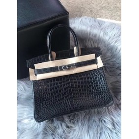 Top Replica Hermes genuine 100% crocodile leather handmade birkin bag BK350 BLACK HMSA586T569