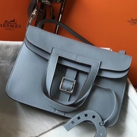 Hermes Halzan 31cm Bag In Blue Lin Clemence Leather 1:1 Replica HMSR79260O5