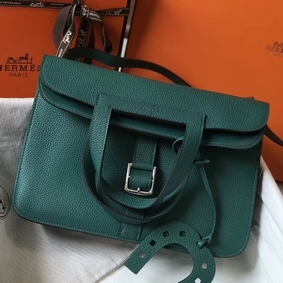 Imitation Hermes Halzan 31cm Bag In Malachite Clemence Leather HMSB0H9B4WQ