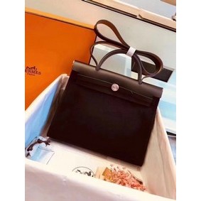 Hermes Herbag 31CM Original Canvas Leather & Calfskin 45987 Black HMS1P9H2GP0