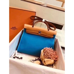Best Quality Hermes Herbag 31CM Original Canvas Leather & Calfskin 45987 Blue&Apricot HMS4SMGDPM9