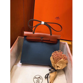 Imitation Hermes Herbag 31CM Original Canvas Leather & Calfskin 45987 Blue&Brown HMSI52XXXBR