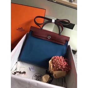 Hermes Herbag 31CM Original Canvas Leather & Calfskin 45987 Blue&Wine Replica HMSLV6Q3L8S