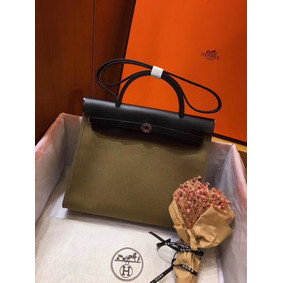 Cheap Hermes Herbag 31CM Original Canvas Leather & Calfskin 45987 green&Black HMS7A8JY4C7