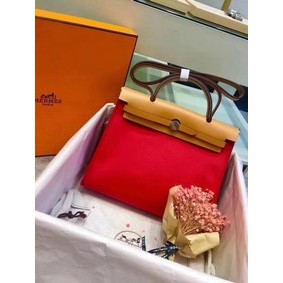 Hermes Herbag 31CM Original Canvas Leather & Calfskin 45987 Red&Apricot Top Replica HMS1OFU0EKE