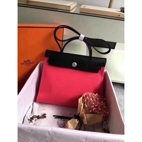 Hermes Herbag 31CM Original Canvas Leather & Calfskin 45987 Red&Black Replica HMS9L69Z62J