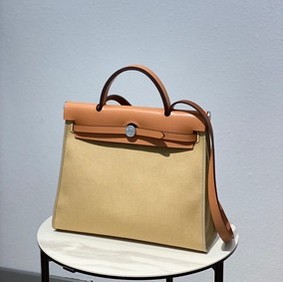 Knockoff Hermes Herbag 31CM Original Canvas Leather & Calfskin 48887 Cream&brown HMSBJC3BW12