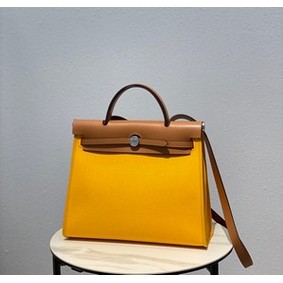 Hermes Herbag 31CM Original Canvas Leather & Calfskin 48887 light yellow&brown Replica HMS31P2IOT1
