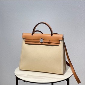 Fake Hermes Herbag 31CM Original Canvas Leather & Calfskin 48887 Offwhite&Camel HMS132ZETPX