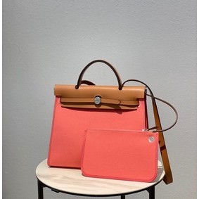 Hermes Herbag 31CM Original Canvas Leather & Calfskin 48887 pink&brown 1:1 Replica HMS31P51CSS