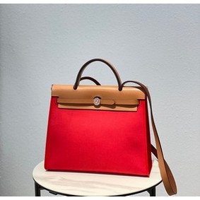 Hermes Herbag 31CM Original Canvas Leather & Calfskin 48887 red&brown Replica HMS085W5PAY