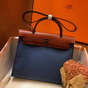 Copy Hermes Herbag Zip 31cm Bag In Camel And Blue HMS4L5NROKG