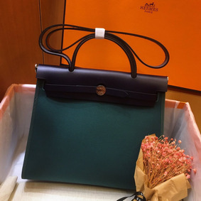Imitation Hermes Herbag Zip 31cm Bag In Navy And Green HMSHM286WFI