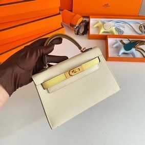 Hermes Kelly 19cm Shoulder Bags Epsom Leather KL19 Gold hardware Cream&yellow HMSA413ZY36
