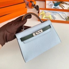 Hermes Kelly 19cm Shoulder Bags Epsom Leather KL19 Silver hardware light blue&green Replica HMSOVHM6JY6