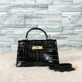 Copy Hermes Kelly 19cm Tote Bag crocodile Leather KL19 Black HMS7P1949MA