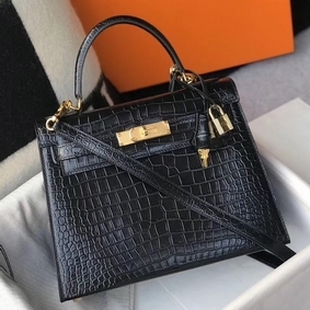 Hermes Kelly 25cm Handmade Bag In Black Embossed Crocodile Leather 1:1 Replica HMS64YE61FX