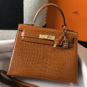 Imitation Hermes Kelly 25cm Handmade Bag In Brown Embossed Crocodile Leather HMSHL5UNTNT