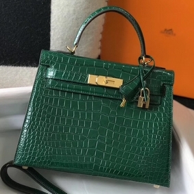 Hermes Kelly 25cm Handmade Bag In Green Embossed Crocodile Leather Replica HMSV2TROHBS