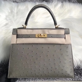 Hermes Kelly 25cm Handmade Bag In Gris Asphalt Ostrich Skin 1:1 Replica HMSTPL1BE67