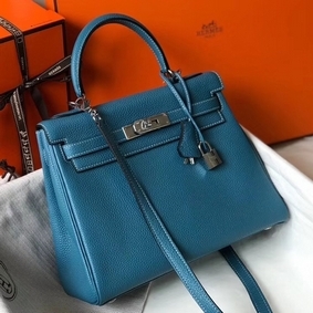 Hermes Kelly 25cm Retourne Bag In Blue Jean Clemence Leather Top Replica HMSW02ZSCD7