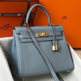 Hermes Kelly 25cm Retourne Bag In Blue Lin Clemence Leather HMS72687790