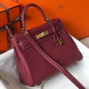 Replica Hermes Kelly 25cm Retourne Bag In Bordeaux Clemence Leather HMS07W00T1T