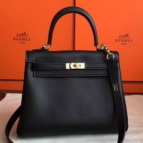 AAA Hermes Kelly 25cm Retourne Handmade Bag In Black Swift Leather HMSWUW4AFL3