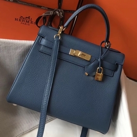 Hermes Kelly 28cm Bag In Blue Agate Clemence Leather GHW HMSKEAAQ1H7