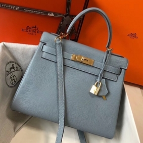 Hermes Kelly 28cm Bag In Blue Lin Clemence Leather GHW Replica HMS461AHPH8
